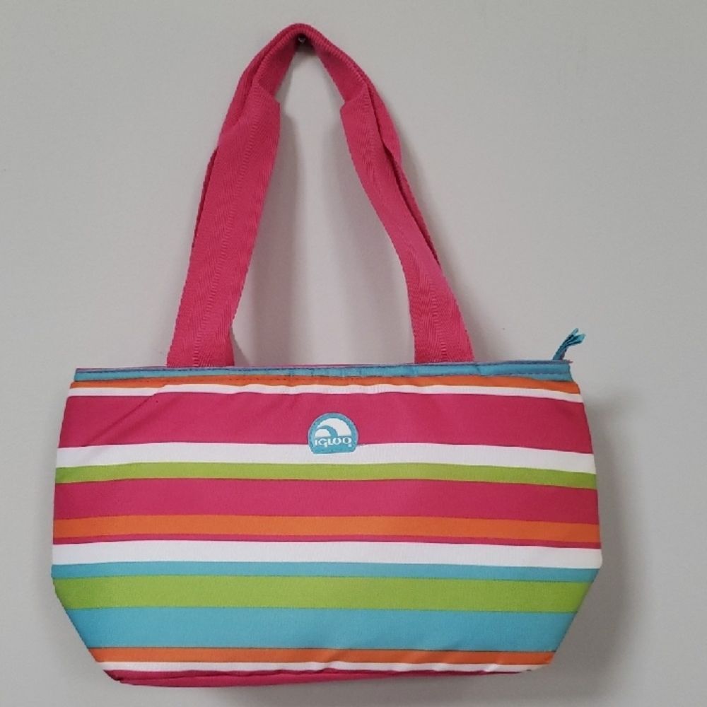Igloo Cooler Insulated Striped Pink Multi-Color Tote Bag Picnic Lunch Cold Warm